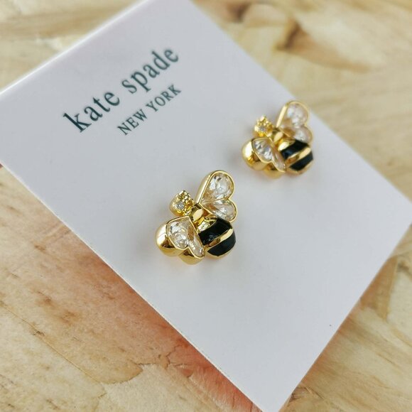 NEW Kate Spade all abuzz stone bee black stud earrings Gold - Picture 2 of 3